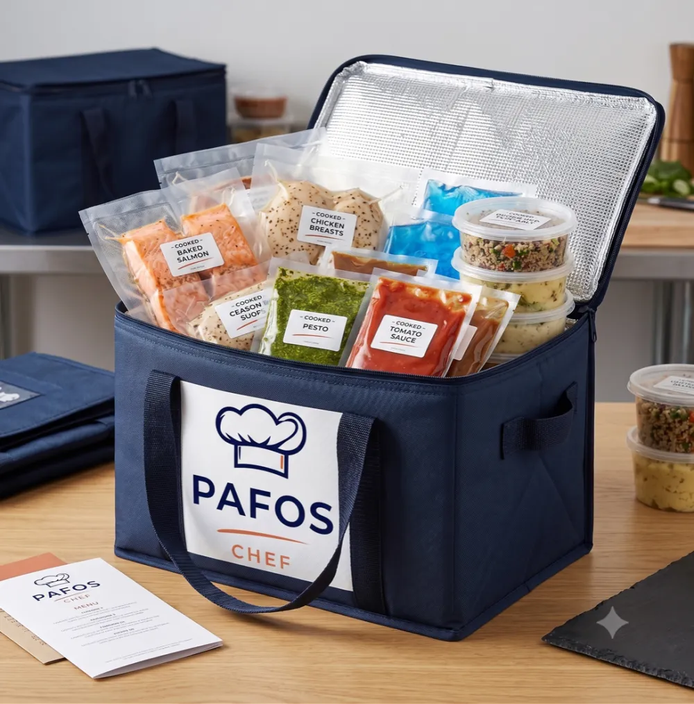 A packed Pafos Chef insulated delivery bag full of fresh, portioned meals