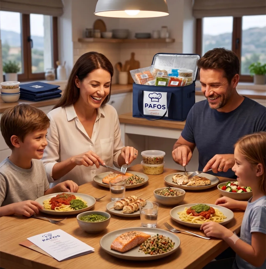 A family in Paphos sharing a table of fresh Pafos Chef meals
